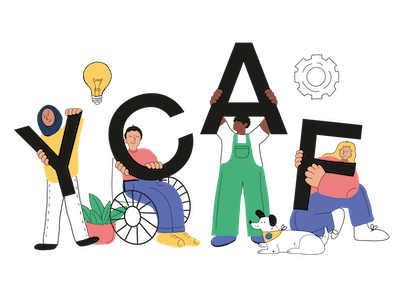 Colourful illustration of four people holding the letters Y.C.A.F. and ideas popping up in lightbulbs