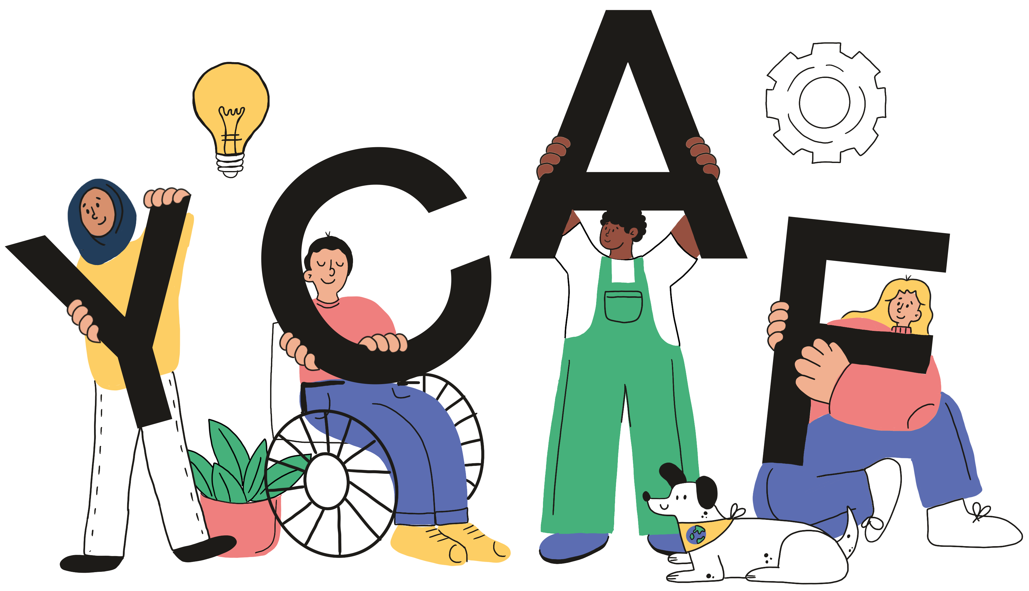 Illustration of a diverse group of young people, including a person in a wheelchair, standing together holding a YCAF sign