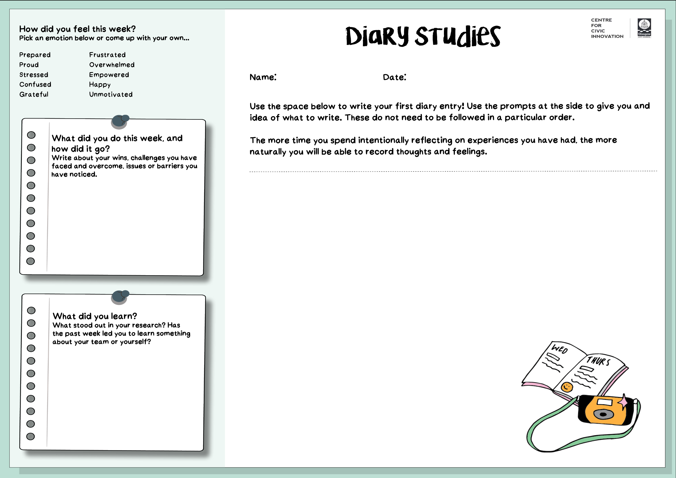 Screenshot of the printable diary studies tool